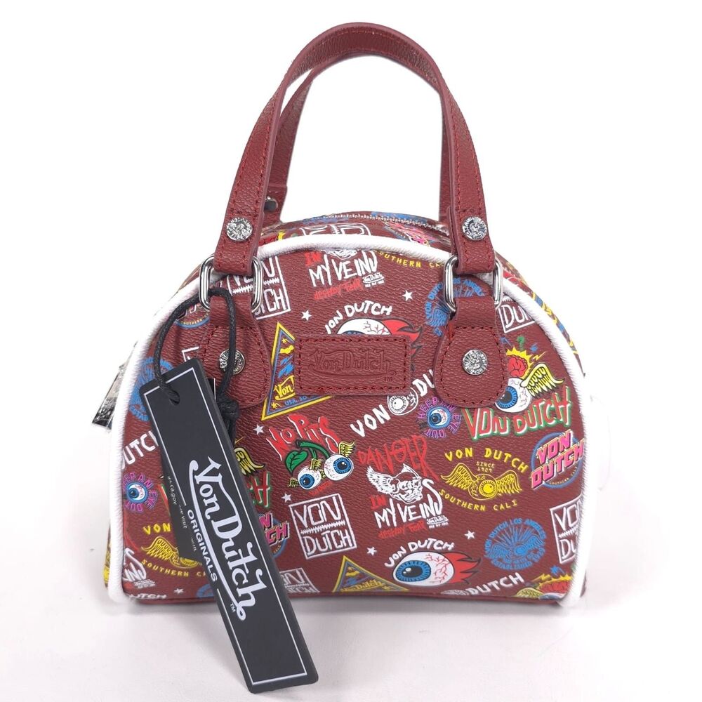 VON DUTCH Women New Red Jax Bowling HandBag Vegan Leather Shoulder Strap